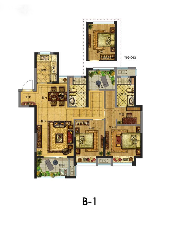 恒基旭辉府户型,户型B-1 三室两厅两卫