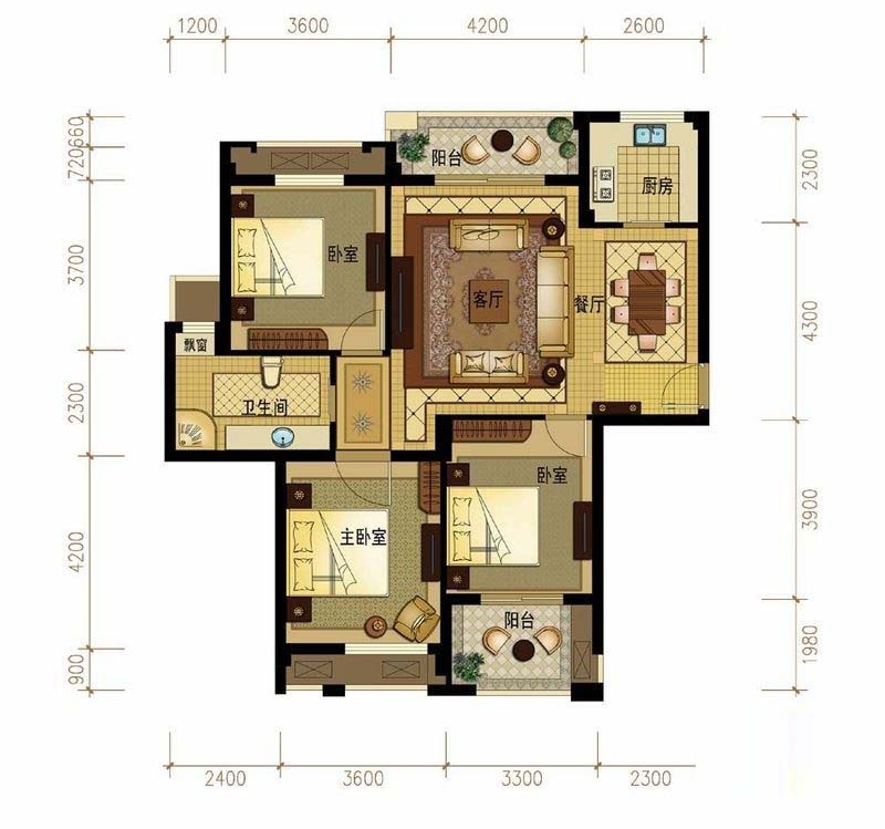 金世纪运河丽园户型,A4户型3室2厅1卫1厨