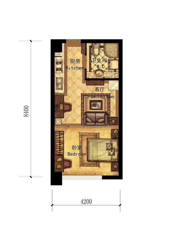 微博公馆户型,C户型 1室1厅1卫1厨