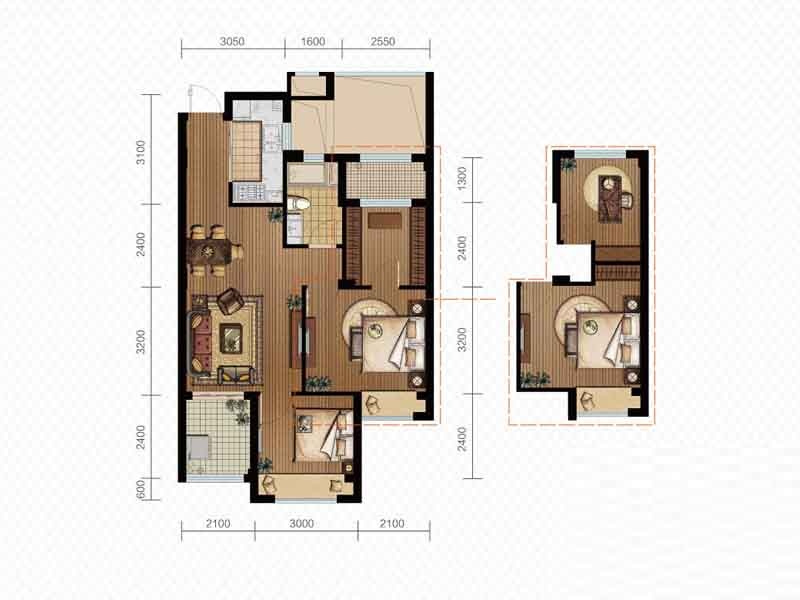 中大普升户型,D户型约75㎡两室二厅一厨一卫