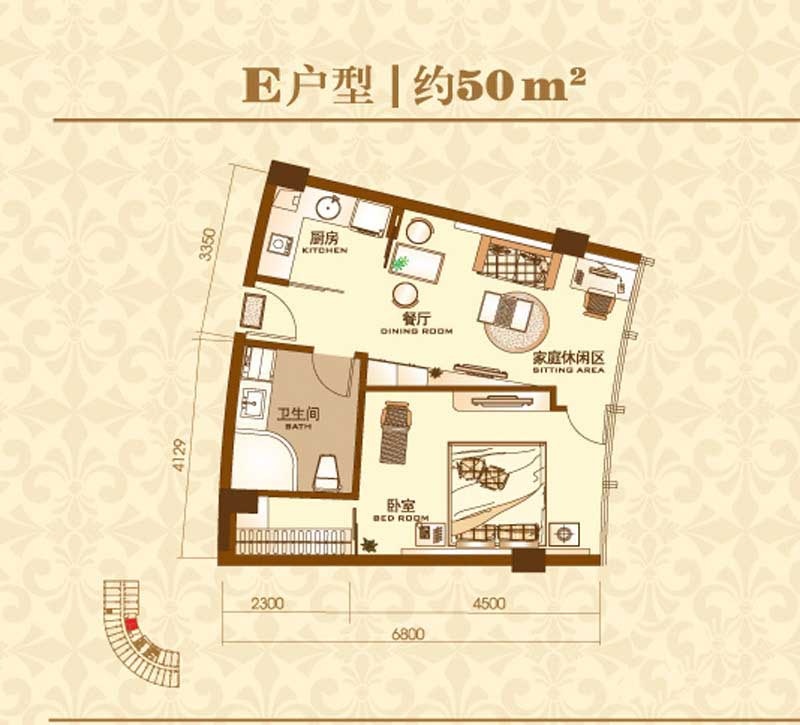 德信北海公园户型,E户型1室1厅1卫1厨