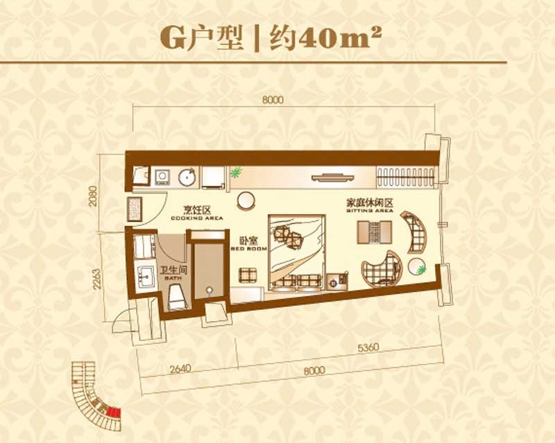 德信北海公园户型,G户型1室1厅1卫1厨