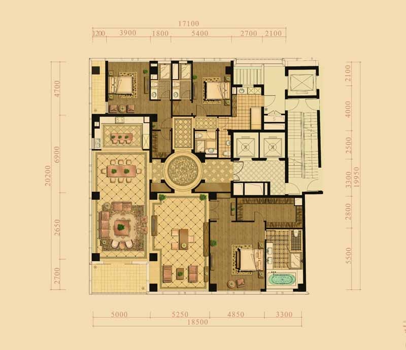 绿城.蓝色钱江户型,江景大宅2-A户型4室2厅5卫1厨 