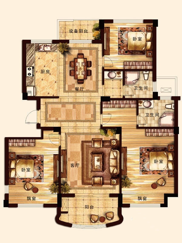 群升万国天地户型,B户型图 3室 140.00m2