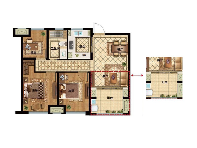 九龙仓.雍景山户型,5号、16号楼 A户型 3室2厅1卫1厨