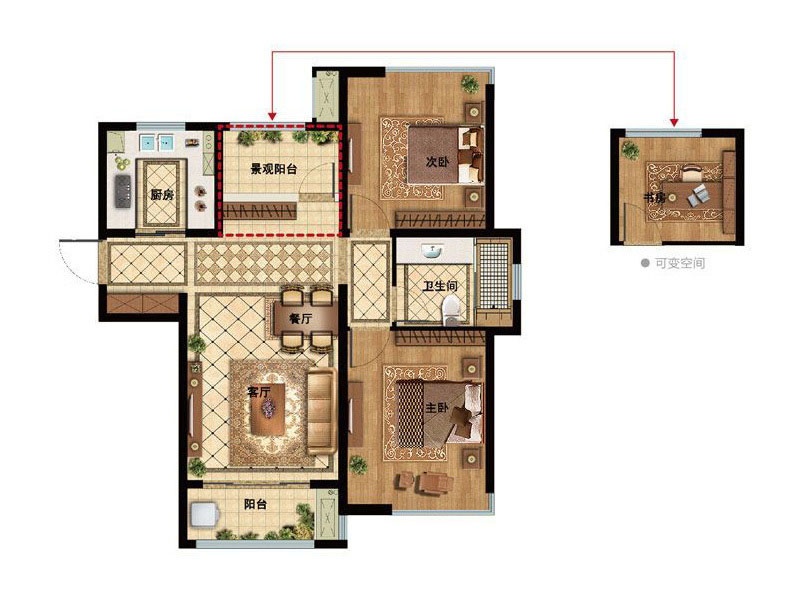 九龙仓.雍景山户型,5号、16号楼 B户型 3室2厅1卫1厨