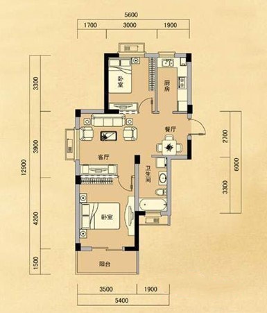 逸城户型,E户型2室2厅1卫1厨