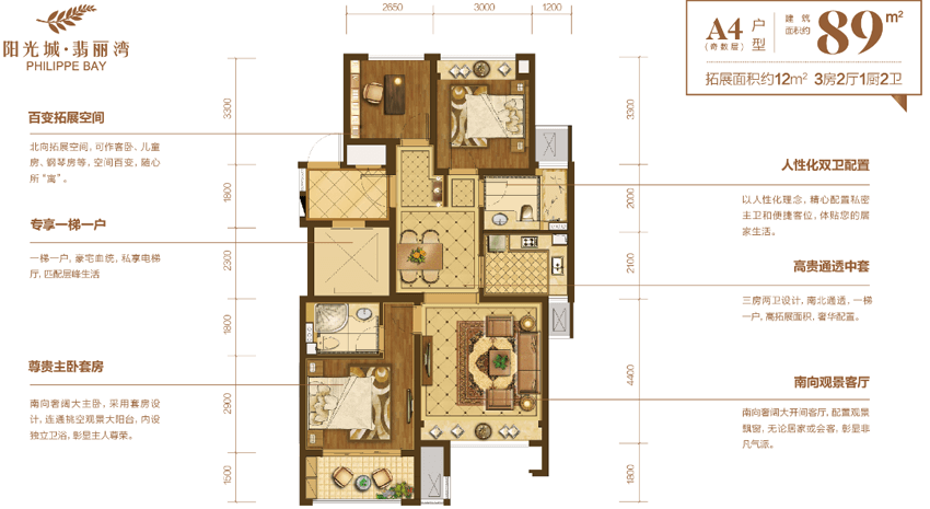 杭州阳光城翡丽湾户型,A4户型 3房2厅1厨2卫