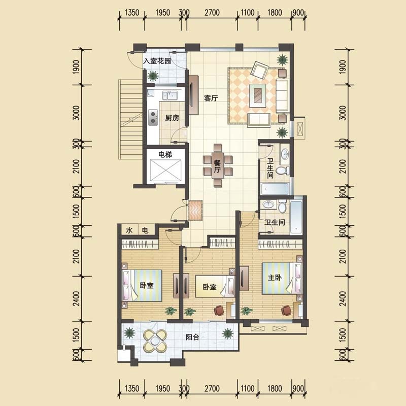 江南水乡L户型 4室2厅2卫1厨户型图