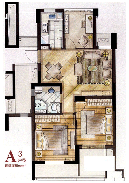 方正荷塘月色户型,A3户型3室2厅1卫90.00平米