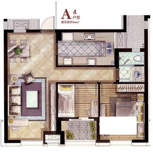 方正荷塘月色户型,A4户型2室2厅2卫90.00平米
