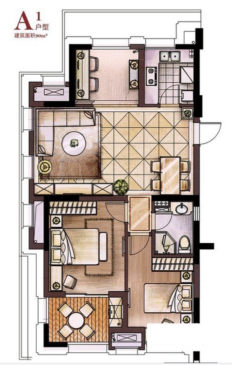 方正荷塘月色户型,A1户型3室2厅1卫90.00平米